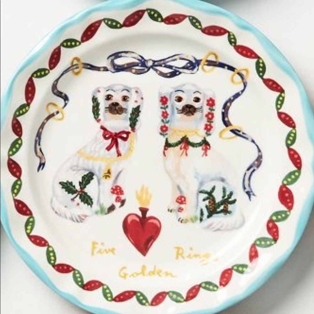 ANTHROPOLOGIE Nathalie Lete Twelve Days of Christmas Dessert Plate 5 golden ring